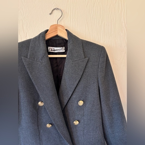 Zara Grey Gray Double Breasted Knit Wool Like Structured Military Blazer Jacket - Picture 7 of 16